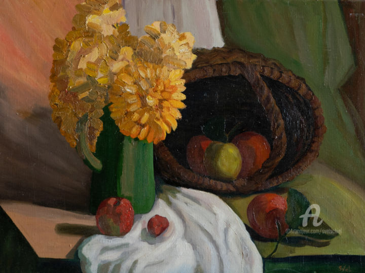 Painting titled "Yellow chrysanthemu…" by Svet Schiel Gallery, Original Artwork, Oil