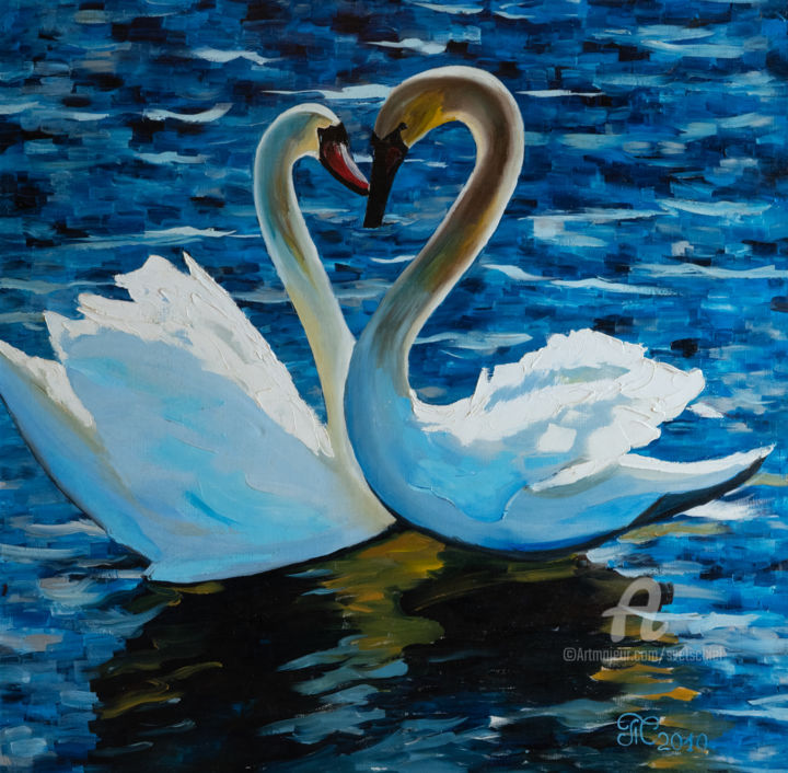 Painting titled "Swans" by Svet Schiel Gallery, Original Artwork, Oil Mounted on Wood Stretcher frame