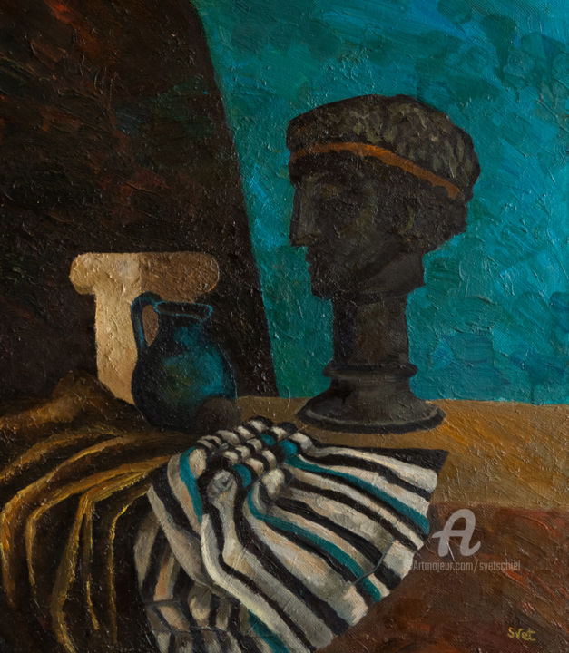 Painting titled "Still life with bla…" by Svet Schiel Gallery, Original Artwork, Oil Mounted on Wood Stretcher frame