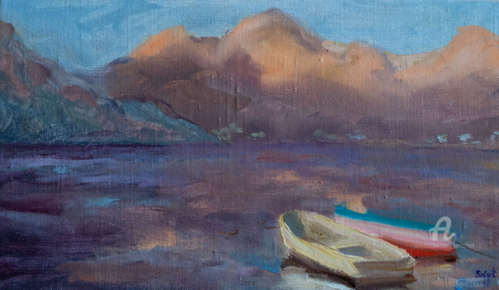 Pittura intitolato "Boats at sunset" da Svet Schiel Gallery, Opera d'arte originale, Olio