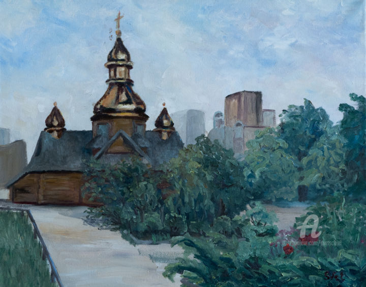 Painting titled "Stave Church 1" by Svet Schiel Gallery, Original Artwork, Oil