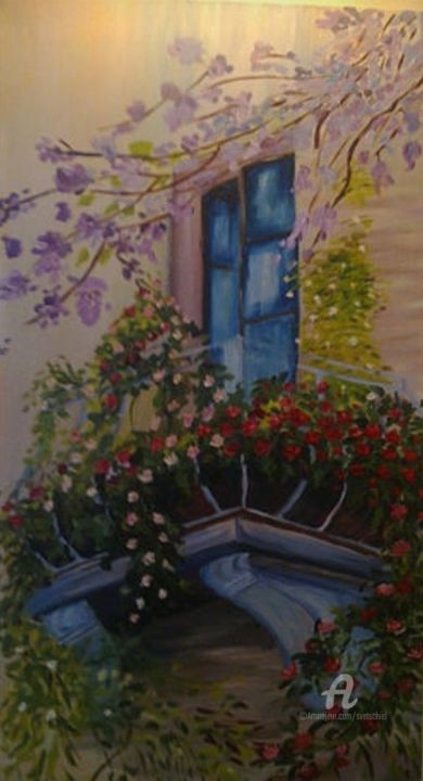 Painting titled "Flower balcony" by Svet Schiel Gallery, Original Artwork, Oil