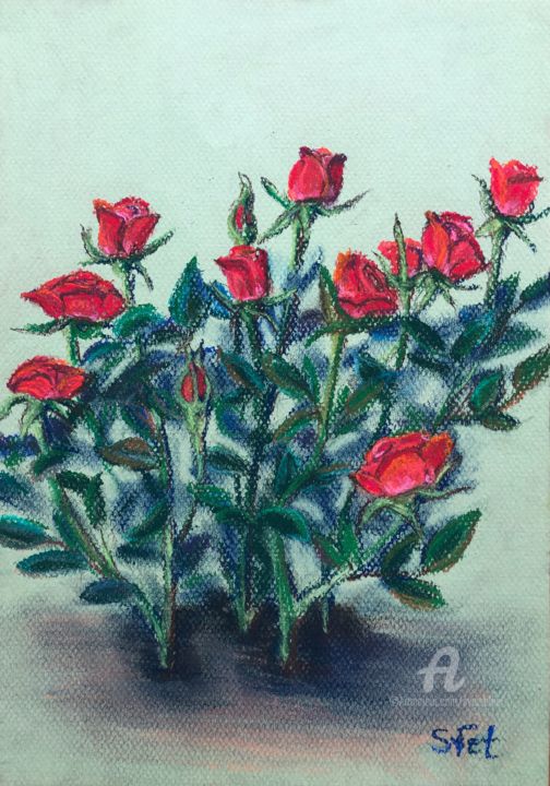 Dibujo titulada "Rose bush" por Svet Schiel Gallery, Obra de arte original, Pastel