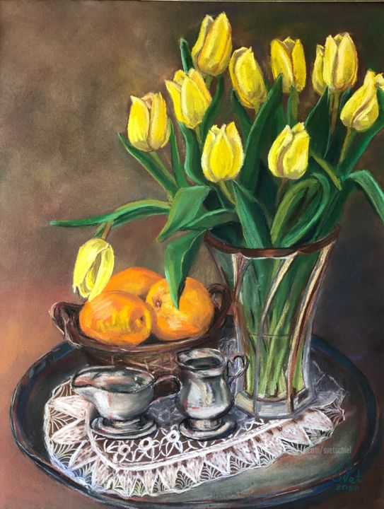 Peinture intitulée "Yellow tulips" par Svet Schiel Gallery, Œuvre d'art originale, Pastel