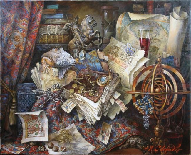 Malerei mit dem Titel "Натюрморт с Игуаной" von Ivan Sviridov, Original-Kunstwerk, Öl
