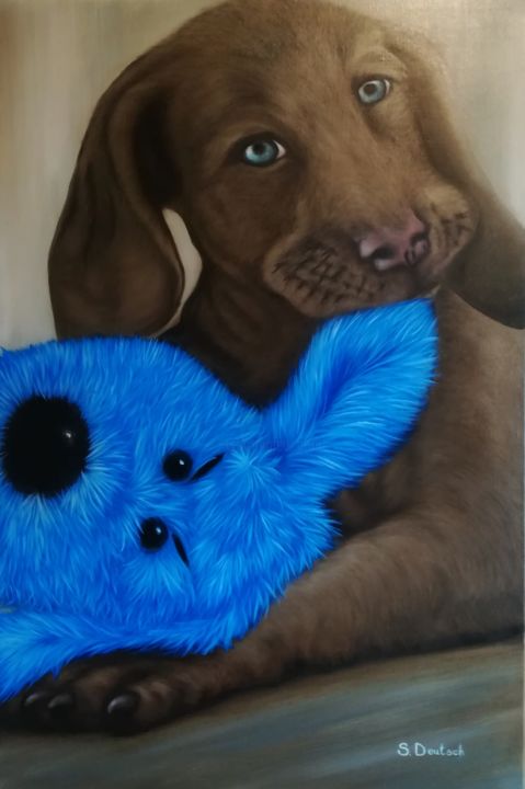 Картина под названием "пёс с игрушкой" - Svitlana Deutsch (светлана дойч), Подлинное произведение искусства, Масло