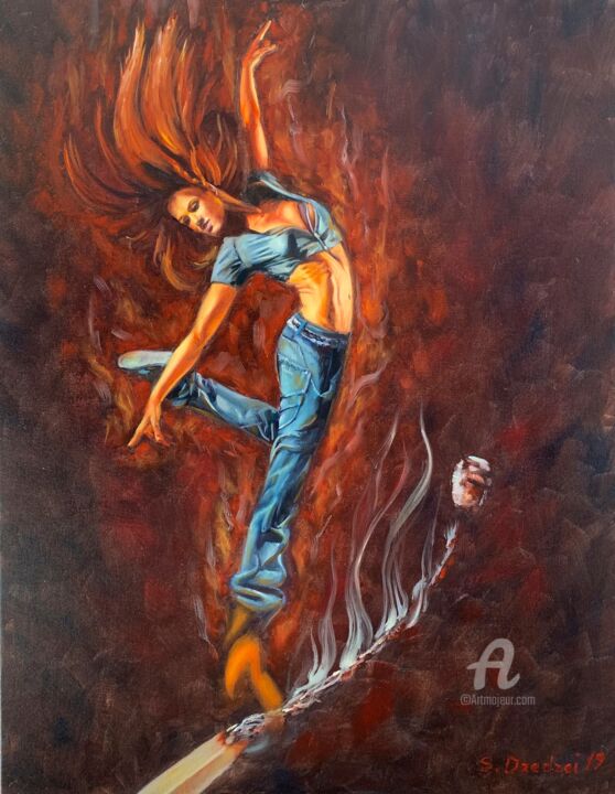 Painting titled ""Fire dance"" by Svitlana Dzedzei, Original Artwork, Oil Mounted on Wood Stretcher frame