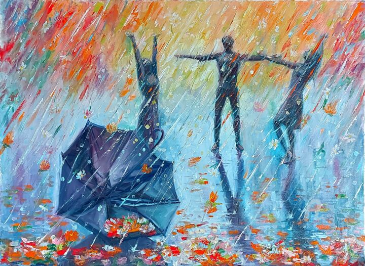 Pittura intitolato ""Flower rain"" da Svitlana Dzedzei, Opera d'arte originale, Olio Montato su Telaio per barella in legno