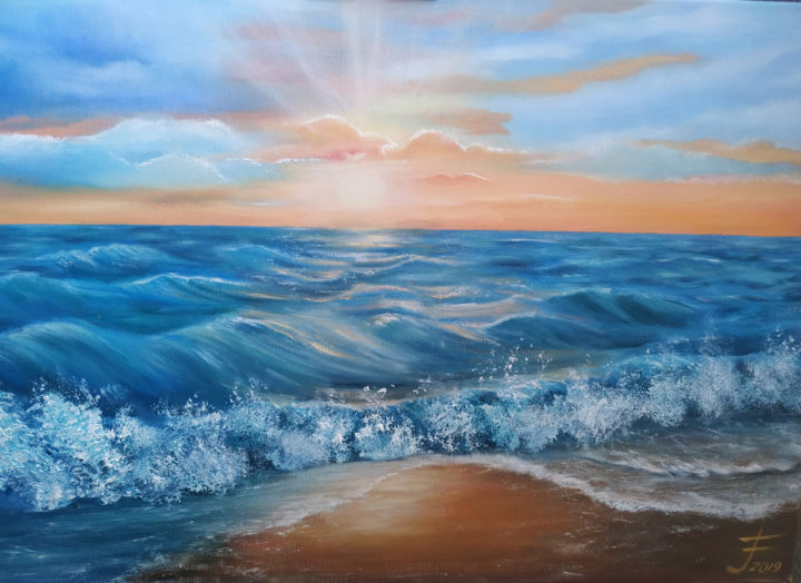 Orange Sunrise Sunset Bright Ocean Beach Painting By Svitlana