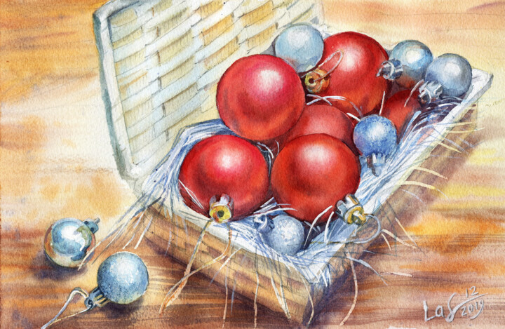 Картина под названием "Christmas tree ball…" - Svitlana Lagutina, Подлинное произведение искусства, Акварель