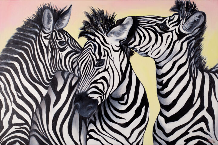 Pittura intitolato "African zebras" da Svitlana Miku, Opera d'arte originale, Olio