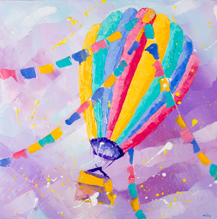 Картина под названием "Festive Hot air bal…" - Svitlana Miku, Подлинное произведение искусства, Масло