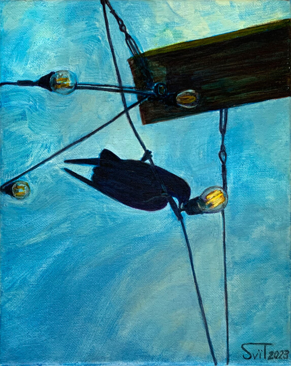 Painting titled "A Crow on the Wires" by Svitlana Tetokina, Original Artwork, Oil Mounted on Wood Stretcher frame