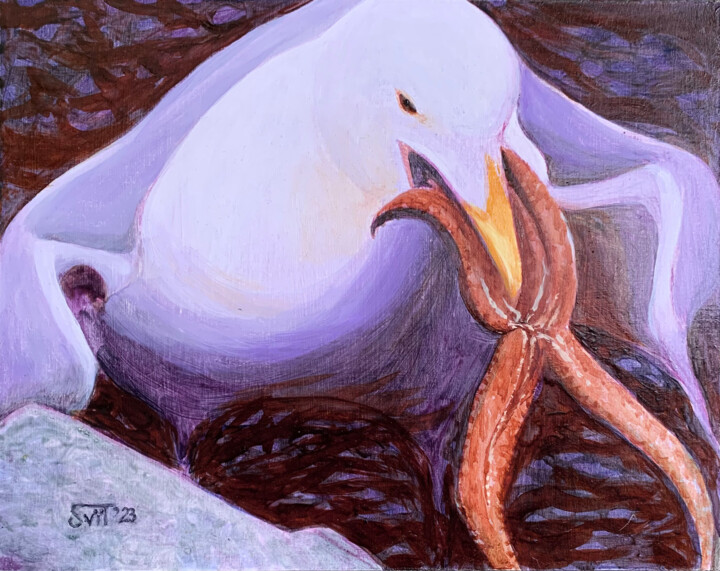 Painting titled "Hungry Gull" by Svitlana Tetokina, Original Artwork, Oil
