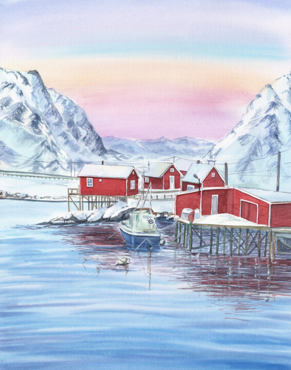 Malerei mit dem Titel "Norway Sunset" von Svitlana Yanyeva, Original-Kunstwerk, Aquarell