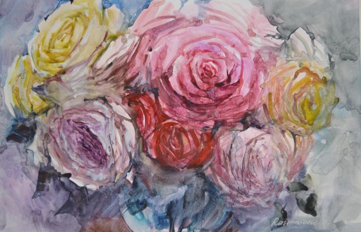 Painting titled "Bouquet de roses" by Svitlana Rasymiene, Original Artwork, Watercolor