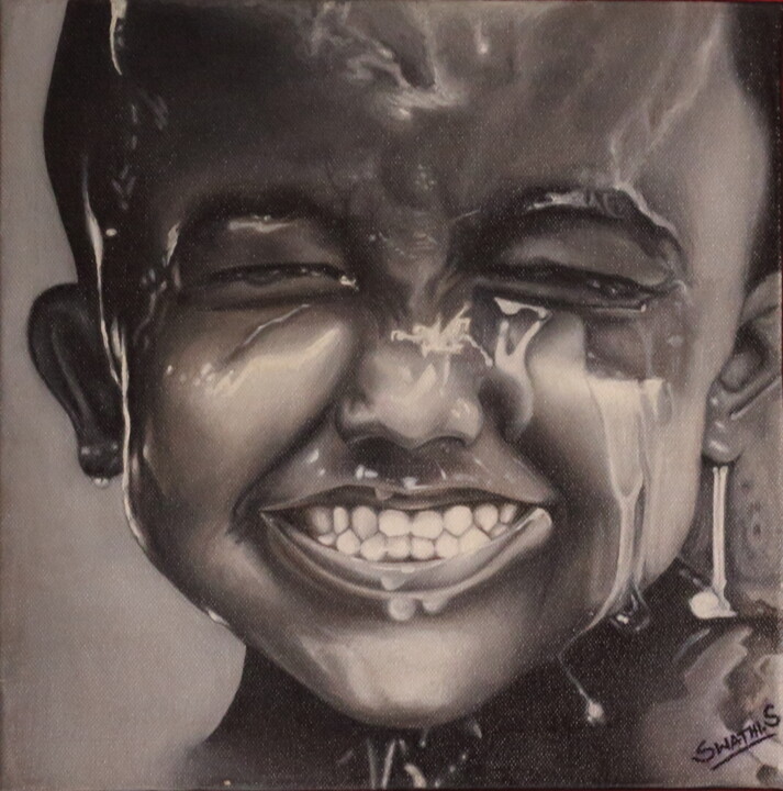 Painting titled "Happiness in monoch…" by Swathi.S, Original Artwork, Oil Mounted on Wood Stretcher frame
