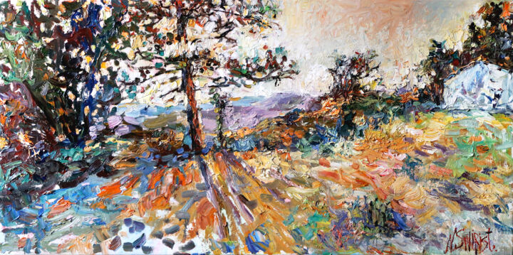 Painting titled "Sunset in the mount…" by Nicifor Swiristuhin, Original Artwork, Oil Mounted on Wood Stretcher frame