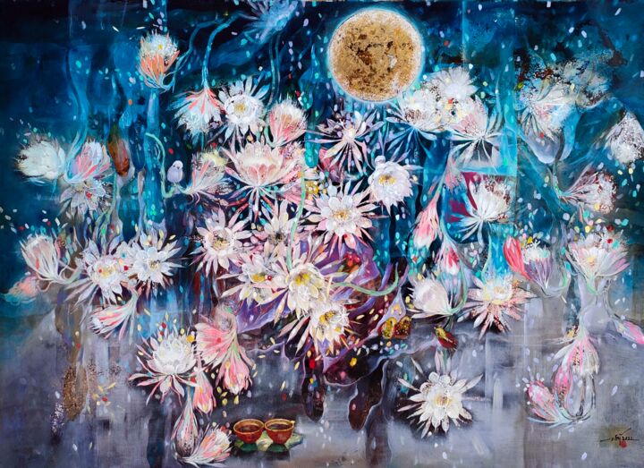 Schilderij getiteld "flowers colors" door Sỹ Nguyễn Văn, Origineel Kunstwerk, Lak