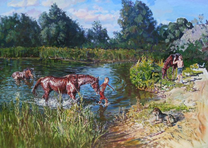 Painting titled "Купание коней.jpg" by Aleksandr Sychev, Original Artwork, Oil