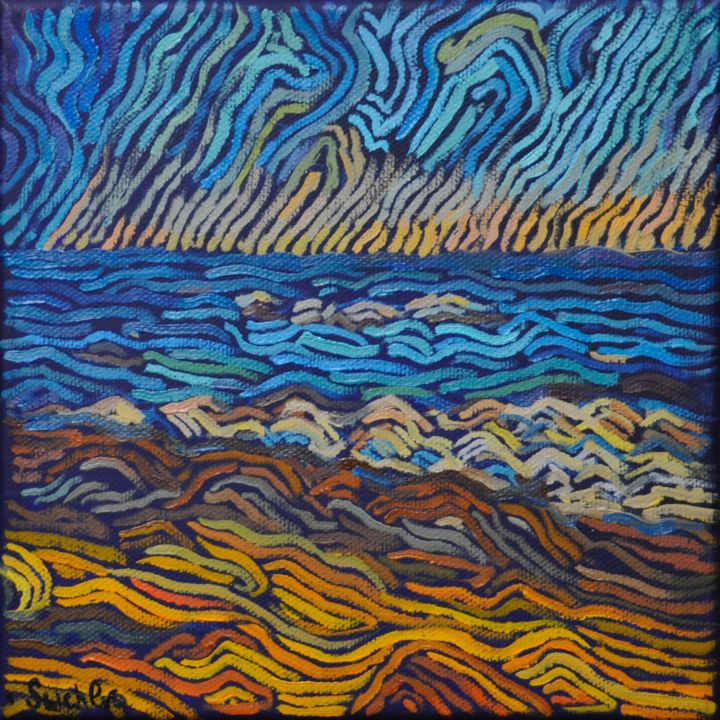 Painting titled "Abstract sea, canva…" by Anastasia Sycheva, Original Artwork, Oil Mounted on Wood Stretcher frame