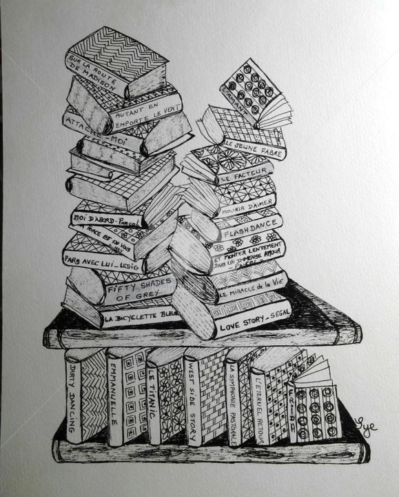 Картина под названием "2017-09-Ma-biblioth…" - Sye, Подлинное произведение искусства, Чернила