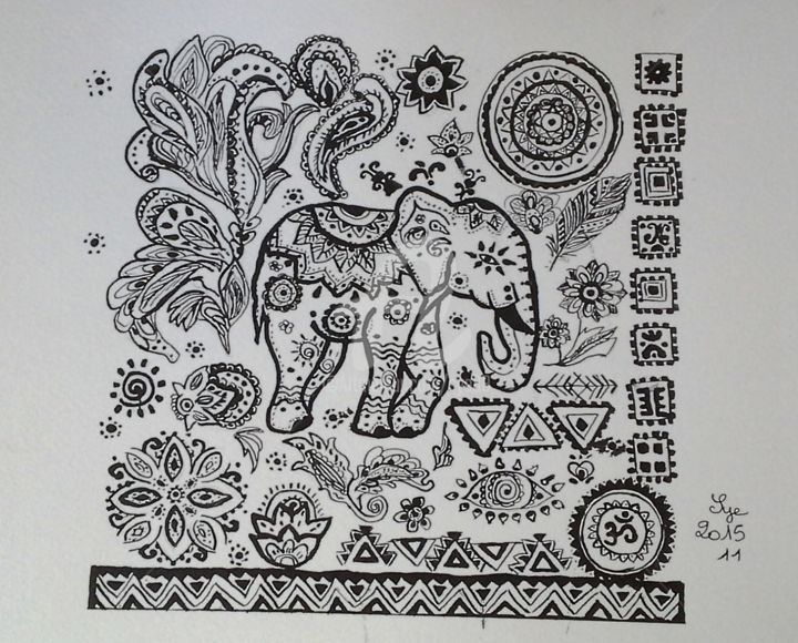 Painting titled "2015-11-L'ELEPHANT" by Sye, Original Artwork, Ink