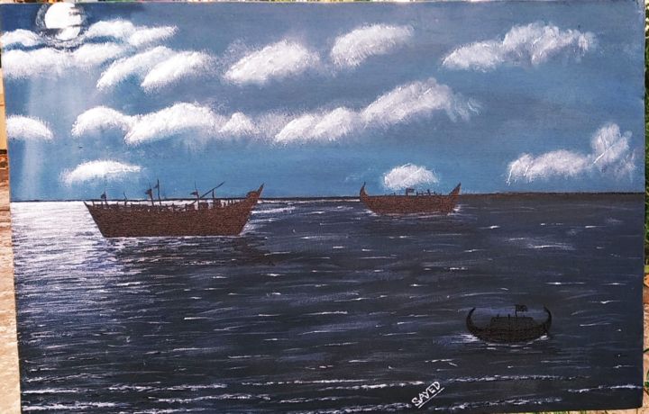 Painting titled "Ocean in moon night" by Syed Ahmed, Original Artwork, Acrylic