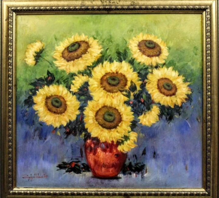 Painting titled "Sunflower 01" by Syful Islam, Original Artwork, Oil Mounted on Wood Stretcher frame