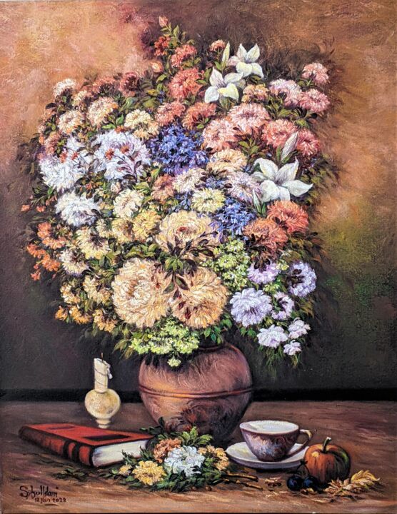 Painting titled "Flower Composition-…" by Syful Islam, Original Artwork, Oil Mounted on Wood Stretcher frame