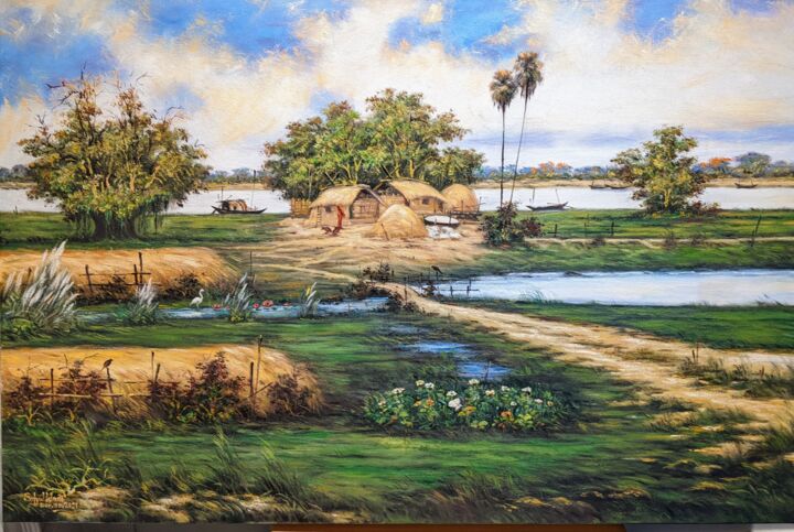 Schilderij getiteld "Bangladeshi Landsca…" door Syful Islam, Origineel Kunstwerk, Olie Gemonteerd op Frame voor houten branc…