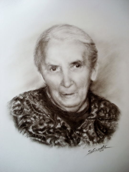 Disegno intitolato "Grand-mère" da Sylvie Geneste, Opera d'arte originale, Carbone