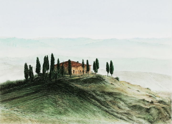 Painting titled "Collines toscanes" by Sylvie Geneste, Original Artwork, Pastel