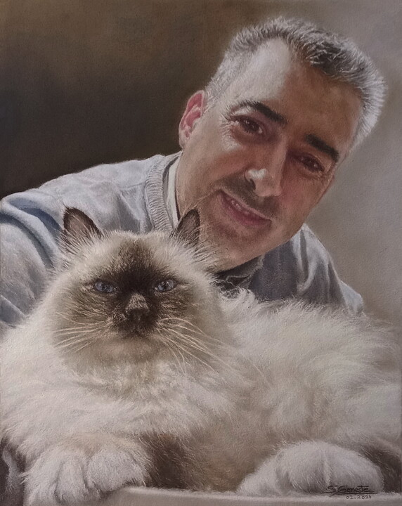 Pintura intitulada "Portrait homme avec…" por Sylvie Geneste, Obras de arte originais, Pastel