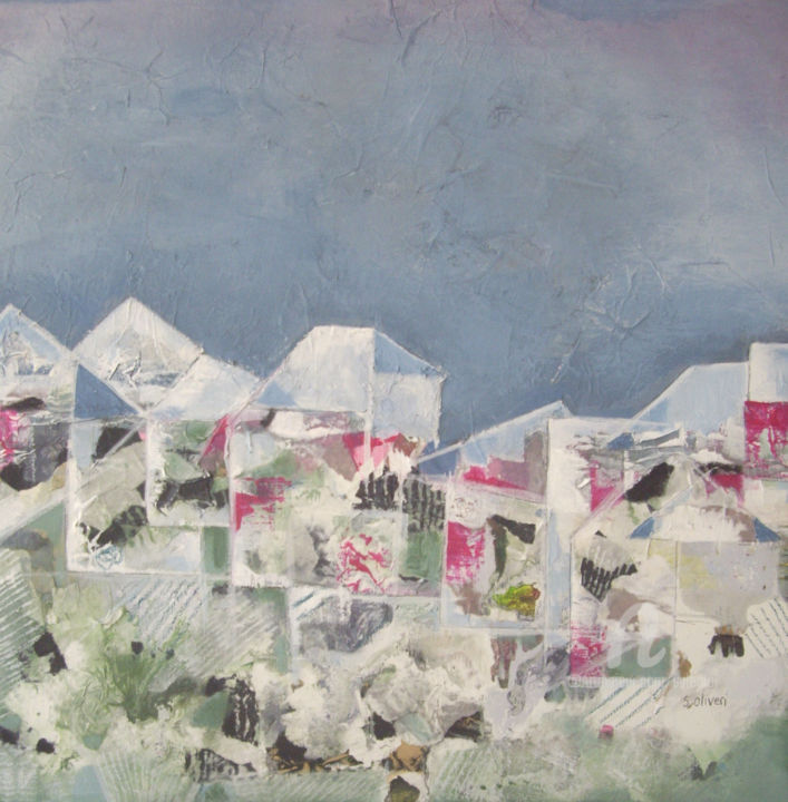 Malarstwo zatytułowany „Village abstrait” autorstwa Sylvie Oliveri, Oryginalna praca, Akryl Zamontowany na Drewniana rama no…