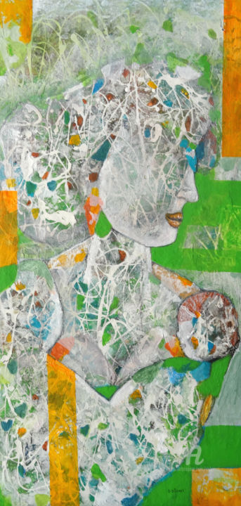 Картина под названием "Mère et bébé" - Sylvie Oliveri, Подлинное произведение искусства, Акрил Установлен на Деревянная рама…