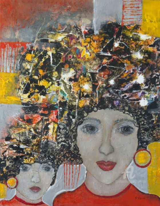 Malarstwo zatytułowany „Tout comme maman!” autorstwa Sylvie Oliveri, Oryginalna praca, Akryl Zamontowany na Drewniana rama n…