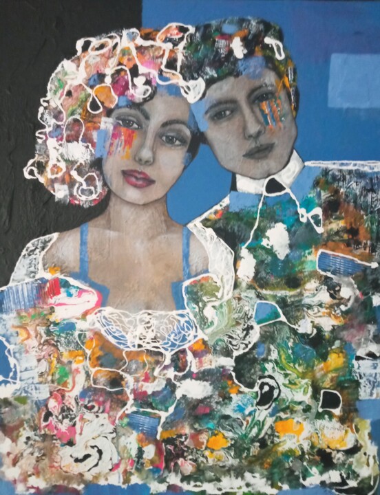 Malerei mit dem Titel "Les jeunes mariés" von Sylvie Oliveri, Original-Kunstwerk, Acryl Auf Keilrahmen aus Holz montiert