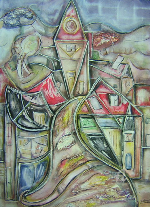 Schilderij getiteld "Village" door Sylvie Oliveri, Origineel Kunstwerk, Acryl