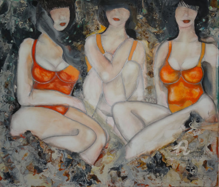 Malerei mit dem Titel "Les trois belles au…" von Sylvie Oliveri, Original-Kunstwerk, Acryl