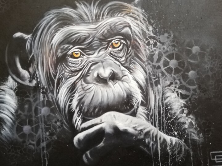 Painting titled "Chimpanzé pensif" by Sylvie Graziano, Original Artwork, Oil Mounted on Wood Stretcher frame
