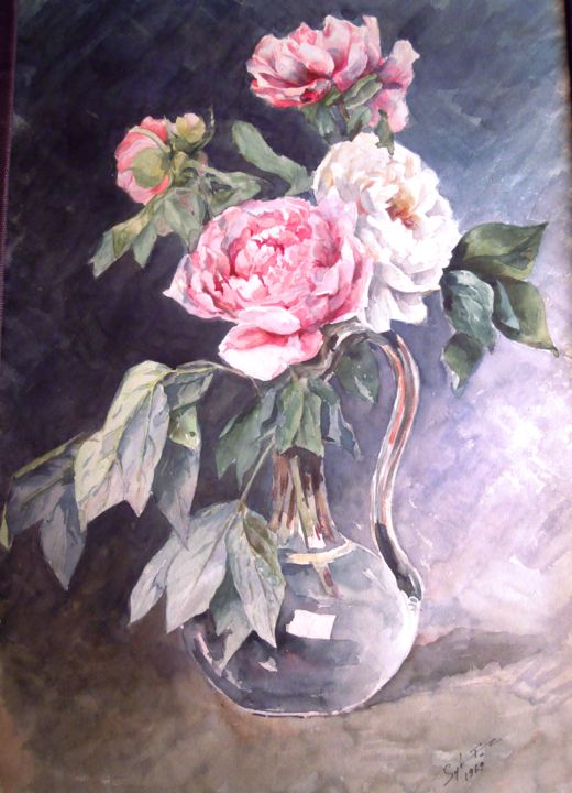 Painting titled "PIVOINES" by Sylia Tenvelert, Original Artwork, Watercolor