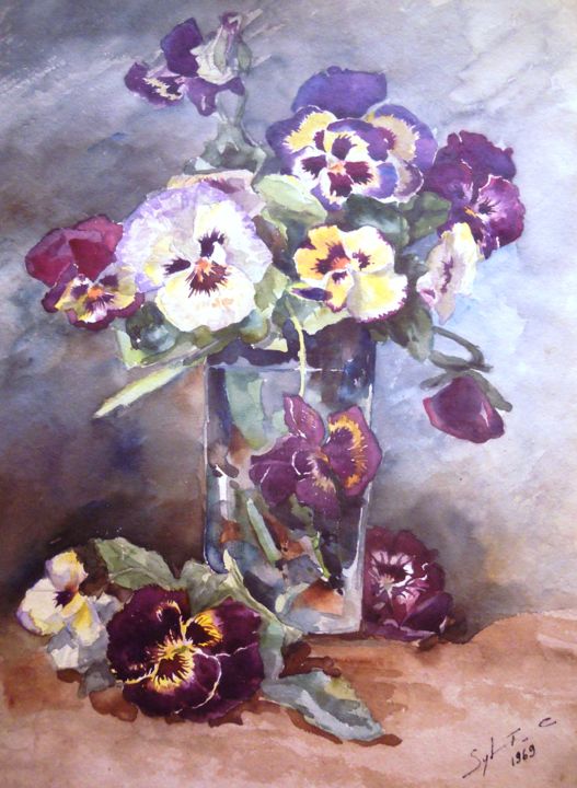 Painting titled "bouquet-en-pensees.…" by Sylia Tenvelert, Original Artwork, Watercolor