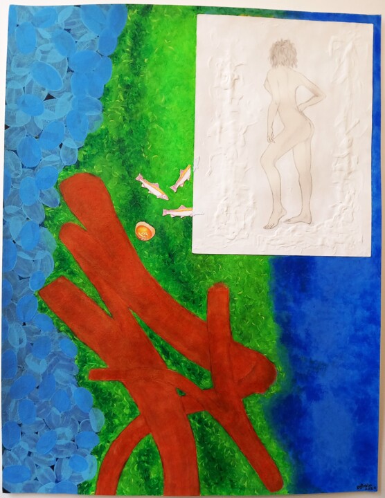 Collages intitulée "Doudou au bain" par Sylvain Zabeth, Œuvre d'art originale, Acrylique