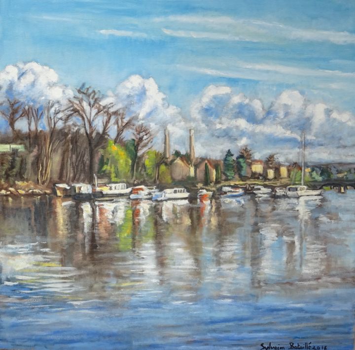 Painting titled "Bords de Seine à Li…" by Sylvain Bataillé, Original Artwork, Oil