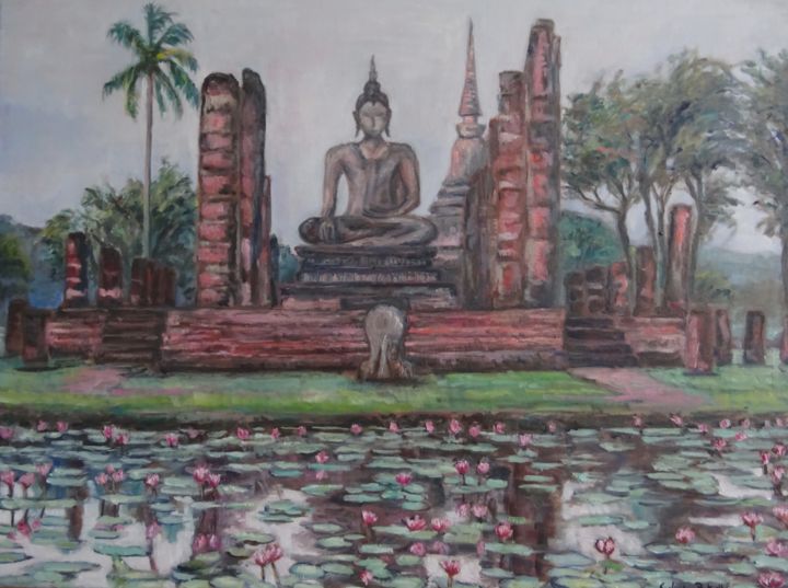 Peinture intitulée "Sukhothai Thailande" par Sylvain Bataillé, Œuvre d'art originale, Huile
