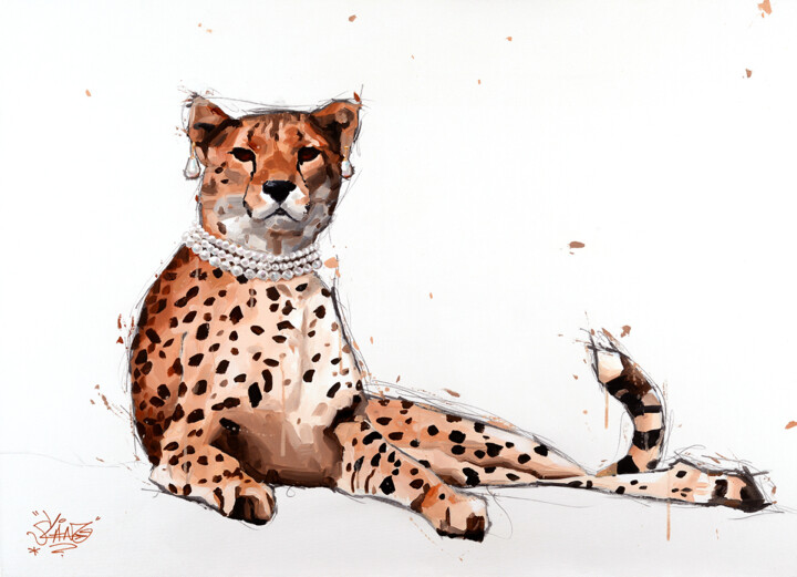 Painting titled "Guépard aux boucles…" by Sylvain Lang, Original Artwork, Acrylic