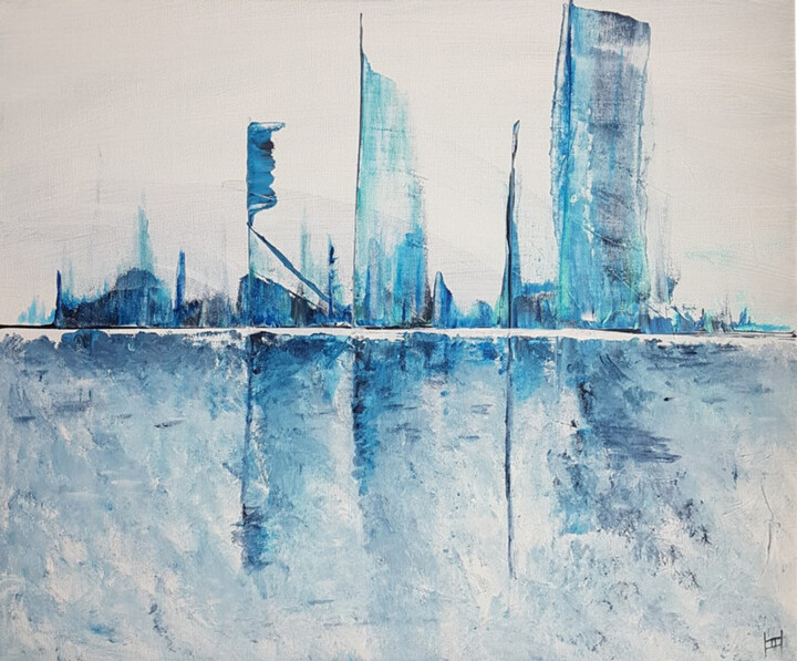 Painting titled "Skyline BleuFly" by Sylvain Moreau (2 Pinceaux), Original Artwork, Acrylic