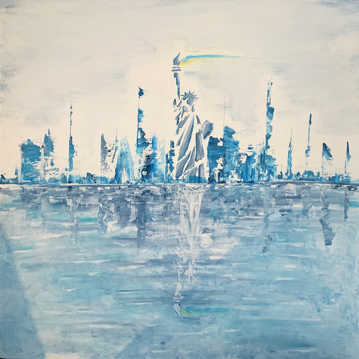 Painting titled "Skyline for the Lib…" by Sylvain Moreau (2 Pinceaux), Original Artwork, Acrylic