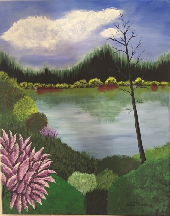 Painting titled "Le petit lac" by Sylvain Therrien, Original Artwork, Acrylic